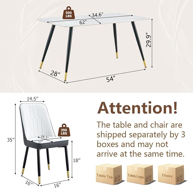 White Dining Table Set for 4, 62'' Dining Table Set for 4, Sintered Stone Dining Room Sets for 4, Easy to Assemble