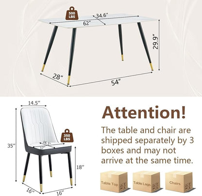 White Dining Table Set for 4, 62'' Dining Table Set for 4, Sintered Stone Dining Room Sets for 4, Easy to Assemble