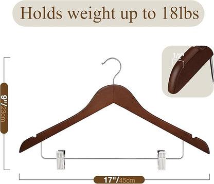 Wooden Pants Hangers 12 Pack With Clips - Adjustable Heavy Duty for Skirts, Jeans, Slacks, Shorts (Walnut)