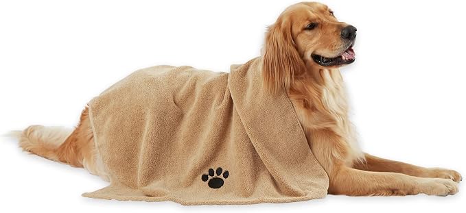Bone Dry Pet Grooming Towel Collection Absorbent Microfiber X-Large, 41x23.5", Embroidered Taupe