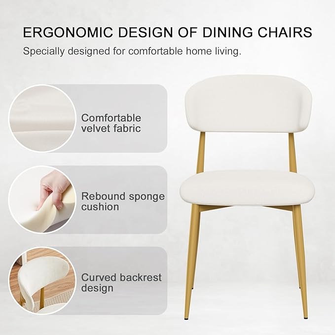Velvet Dining Chairs Set of 4, Modern Kitchen Chairs with Curved backrests and Metal Legs, Upholstered Dining Chairs for Dining Room,White and Gold