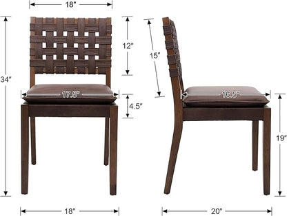 Woven Faux Leather Dining Chairs Set of 6, Farmhouse Upholstered Kitchen Chairs with Wooden Legs Armless Accent Side Chairs for Dining Room/Restaurant, Brown