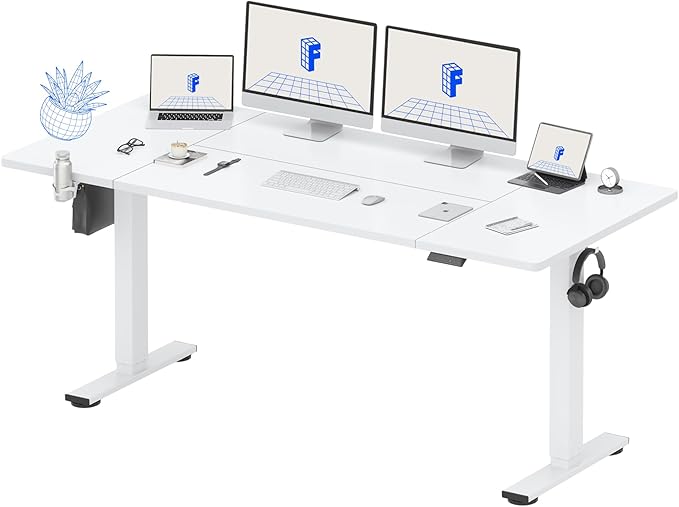 FLEXISPOT 79 x 32 Inch Large Standing Desk, Stand Up Desk with Splice Board, Rising Desks for Home Office, Office Desk with Cup Holder and Headphone Hook (White Frame + White Top, 2 Packages)