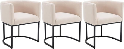 Linen Fabric Dining Chairs Set of 3 Modern Barrel Arm Chairs with Black Frame Upholstered Kitchen Chairs 18.5" Wide Accent Chairs for Living Room Dining Room Restaurant, Cream