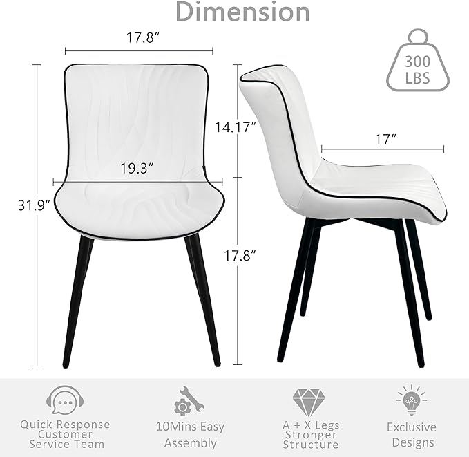Kidol & Shellder White Dining Chairs Set of 2,Faux Leather Upholstered Mid Century Modern Kitchen&Dining Room Chair with Back,Ergonomic Armless Vanity&Living Room Chair with Metal Legs