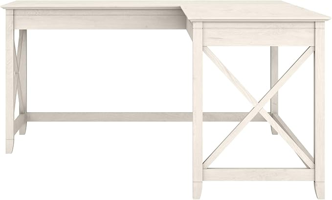 Bush Furniture Key West 60W Modern Farmhouse L Shaped Desk in Linen White Oak, 60-Inch Corner Computer Table for Home Office Workspace