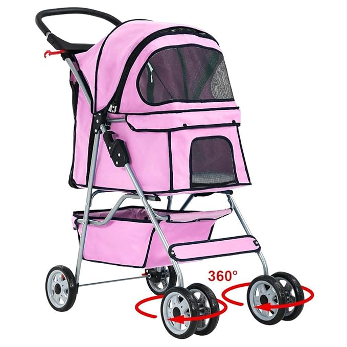 HHS Pet Stroller Cat Dog Strollers for Small Medium Dogs Double Puppy Doggie Carrier with Storage Basket and Cup Holder Foldable Travel Jogging Cart, Pink 17.5(L)*33(W)*38.6(H) inch