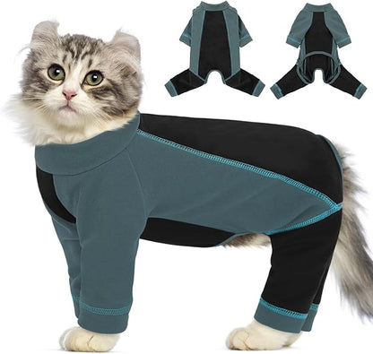 SUNFURA Hair Sticky Cat Clothes, Cat Sweater for Cats Only, 4-Legged Fleece Sweaters Kitten Pajamas Reduce Shedding Fur, Warm Pullover Shirts for Cats, Green L