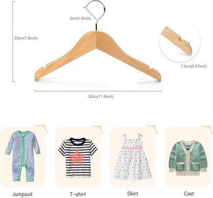 Nature Smile Kids Baby Children Toddler Wooden Shirt Coat Hangers with Notches and Anti-Rust Chrome Hook Pack of 20 (Natural)