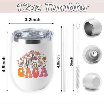 Gaga Grandma Birthday Gifts Wine Tumbler 12 oz Insulated Wine Glass Cup with Lid Straw Vacuum Insulated Travel Cup,Grandma Gifts from Granddaughter for Women Grandmother Christmas Mothers Day