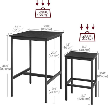 VASAGLE Bar Table and Chairs Set, Square Table with 2 Stools, Dining Pub Set for 2, Space Saving for Kitchen Breakfast, Living Room, Party Room, Ebony Black and Ink Black