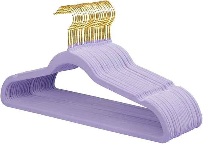 ManGotree Velvet Coat Hangers with 360° Swivel Gold Hook, Non-Slip Felt Suit Hangers, Ultra-Thin Space Saving Clothes Hanger for Jacket, Sweater, Shirt, Dress, Pants (22 Pack, Purple)