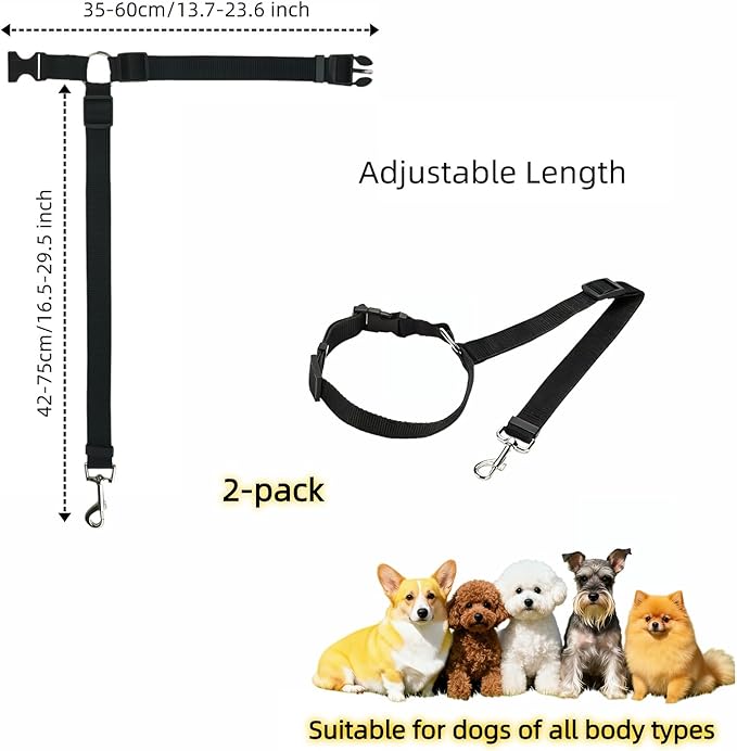 2-in-1 Car Seat Belt for Dogs, Headrest Dog Safety Harness & Leash - Adjustable Nylon Vehicle Pet Restraint, Tangle-Free Travel Solution for Small to Medium Dogs, 2-Pack