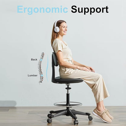Drafting Stool with Back Support – Height Adjustable Standing Desk Stool with Back & Foot Rest | Auto-Lock Casters,Ergonomic |Tall Standing Desk Chair for Studio, Lab, Office or Home