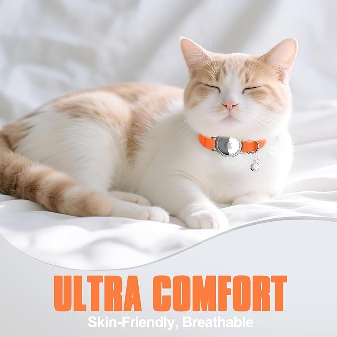 AirTag Cat Collar, Ultra Elastic Cat Tracker Collar, Airtag Holder Compatible with Apple Air Tag, [Lightweight & Scratch Resistant] Adjustable Stepless GPS Pet Collar for Cats Kittens, Orange