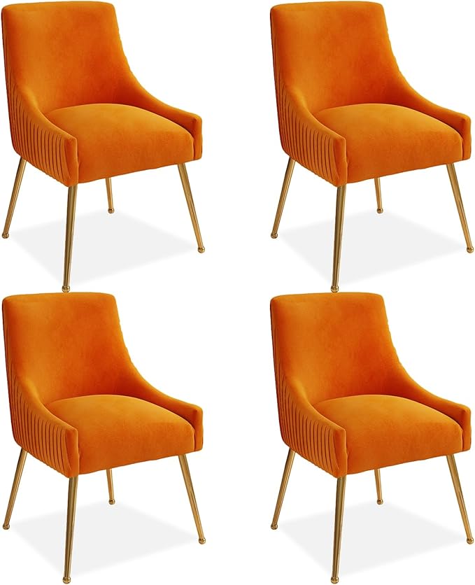 Dining Chairs, Accent Chairs Set of 4, Modern Upholstered Kitchen Dining Room Chairs with Gold Legs, Fabric Tufted Velvet Living Room Chairs for Reception Room Bedroom Guest Room (Orange)