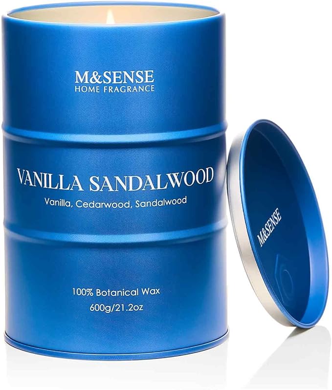 M&SENSE Vanilla Sandalwood Scented Candles Large, Natural Soy Candles 21.2oz 120 Hour Slow Burning,Aromatherapy Candle for Stress Relief Meditation Relaxing
