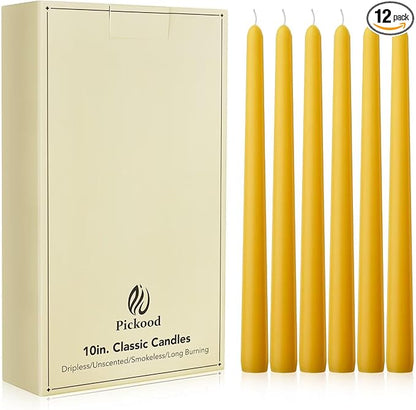 New Burning Formula Unscented Dripless 10-Inch Taper Candles Set of 12 - Lemon, for Wedding, Dinner - Smokeless, Long Burning - Hand Poured, Colored Tall Candlesticks - Limón