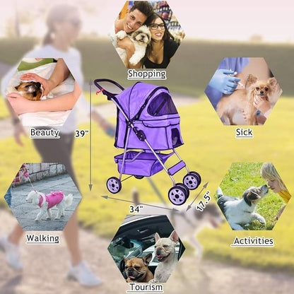 4 Wheels Pet Stroller Cat Dog Cage Stroller Travel Folding Carrier with Cup Holders and Removable Liner for Small-Medium Dog, Cat (Purple)