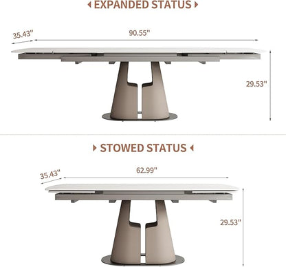 Modern Dining Table, Seats 8-10, Extendable Sintered Stone Dining Table, White Top, Saddle Leather Pedestal Table, 90 in.（1Table