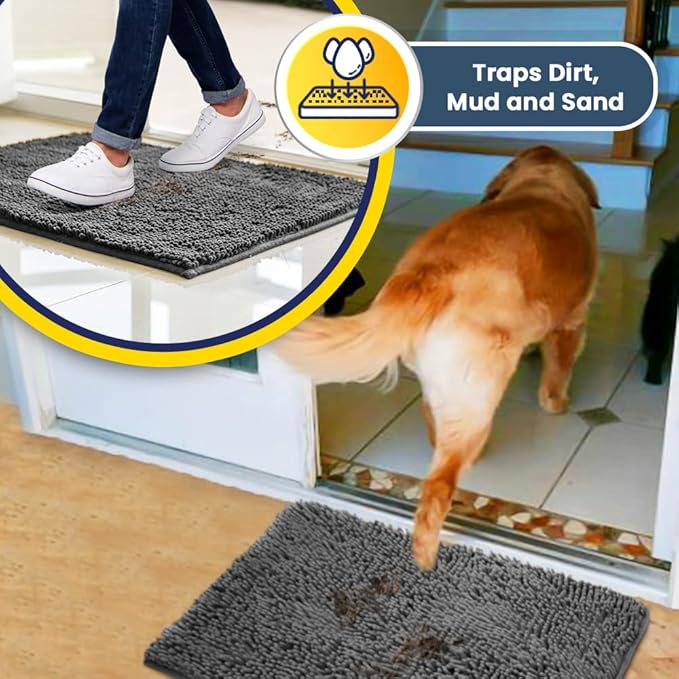 Muddy Mat® | Super Absorbent Door Mat Indoor, Microfiber Quick Dry Chenille Entryway Rug, Non-Slip Front Door Mat, Indoor Mats for Entryway, Machine Washable Pet Rug, Grey 30"x19"