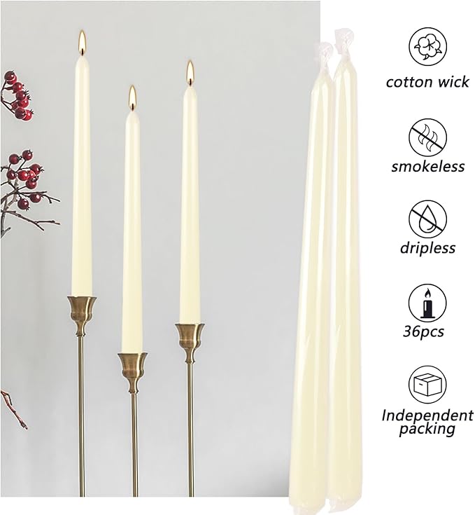 36 Pack Ivory White Taper Candles, 7-8 Hours Burn Time, Unscented, Smokeless and Dripless, 0.8 x 10 Inch Dinner Candle Set for Household, Wedding, Party and Home Décor Candlesticks