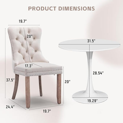 SoarFlash Kitchen Table and Chairs for 2, 31.5" Dining Table Set for 2 with Velvet Upholstered Chairs, 3 Piece Round Kitchen Table Set, Dining Room Table Set for Small Space, Apartment, Beige/White