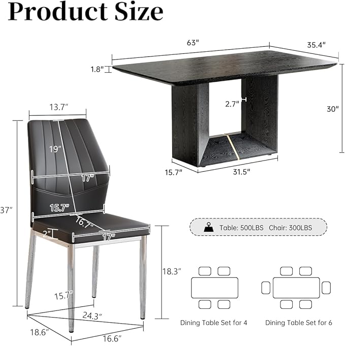 63" Modern Black Dining Table Set for 4 with Chairs, 5 Piece Rectangular Dining Room Table and 4 PU Leather Chairs, Kitchen Dining Set with Matte Wood Finish, Geometric Base, Easy Assembly