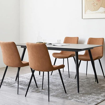 Modern Dining Chairs Set of 4, Upholstered Faux Leather Cushion Seat and Sturdy Metal Legs (4 Brown Chairs)