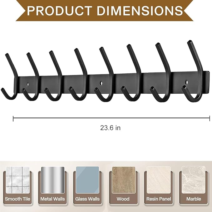 FANYITY 2 Pack Black Coat Rack Wall Mount, 24 Inch Coat Hooks for Wall, Entryway Coat Hanger Wall Mounted with 8 Double Dual Hooks for Purse Jacket Hat (8 Hook Black 2)