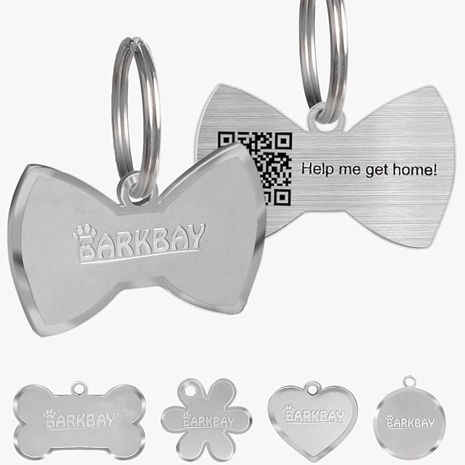 Dog Tags Personalized for Pets,Dog Name Tags QR Code,No Subscription Fees,Modifiable Pet Online Profile,Stainless Steel,No App Required,for Dogs and Cats Small,Medium,Large(Bow Tie,Regular)