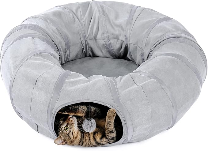 PAWZ Road Cat Tunnel Bed Large Cat Donut Tunnel for Indoor Cats, Collapsible Cats Tube with Central Mat, Peek Hole and Cat Toy Hanging Balls