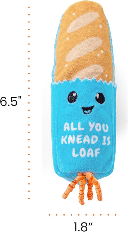 Catstages Loaf Kicker Toy with Catnip and Dental Mesh, Bread Shape, Plush and Ribbon Cat Toy for Kicking, Tossing, and Teeth Cleaning, Tan