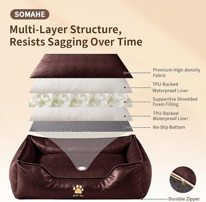 SOMAHE Waterproof Leather Dog Bed, Bolster Couch, 24x19x9 Caramel | Wipe-Clean Waterproof Leather + Removable Cushion: raised bolsters create a cozy bed for small-medium dogs.