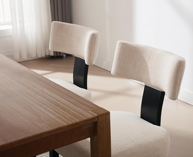 Black Wooden Dining Chairs Set of 2, Upholstered Beige Linen Kitchen & Dining Room Chairs with Mid Back Modern Wood Accent Side Chairs for Living Room/Home Office/Reception