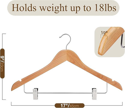 Wooden Hangers with Adjustable Heavy Duty Clips - 24 Pack Pants, Skirt, Jeans, Slacks, Shorts Hangers (Natural)