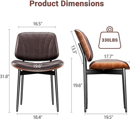 Dining Chairs Set of 8, Dining Room and Kitchen Chairs, Mid Century Modern Accent Chair, Upholstered PU Leather Chairs for Vanity with Walnut Bentwood and Metal Legs, Brown