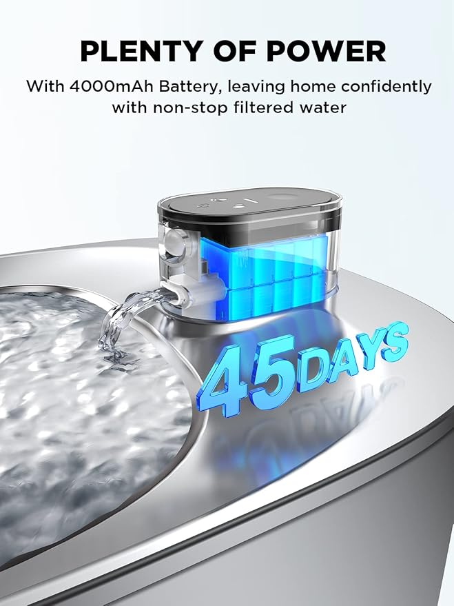 Cordless Cat Water Fountain, Battery Operated, 4L/135fl oz Stainless Steel Pet Water Fountain for Cats Dogs with Motion Sensor, Ultra Quiet Cat Drinking Fountain with 6 Filters (YPD-C004S)