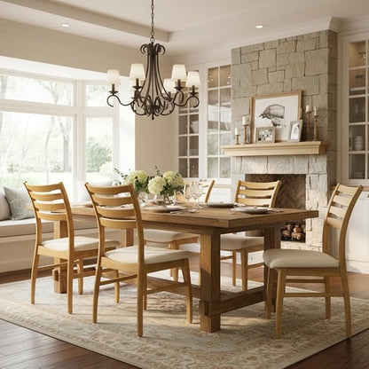 DUOMAY Farmhouse Dining Chairs Set of 4, Fur White Upholstered Side Chairs Solid Wood Ladder Back Kitchen Chairs for Home Dining Room, Light Browm Frame