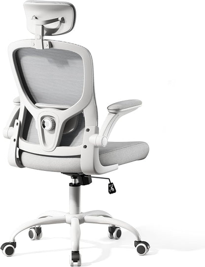 Ergonomic Chair for Office- Study Chair,300lb Gaming Chair, Mesh Comfortable High Back Chair, Headrest, Lumbar Support, Armrest, Comfy Seat for Man Woman(White-Grey6076)