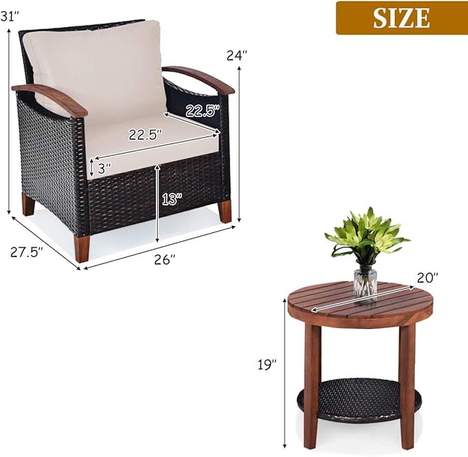 Tangkula 3 Pieces Patio Furniture Set, Outdoor Rattan Sofa and Side Table w/Solid Acacia Wood Frame, High Load Bearing Conversation Bistro Set w/Washable and Removable Cushions (Beige)