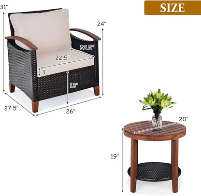 Tangkula 3 Pieces Patio Furniture Set, Outdoor Rattan Sofa and Side Table w/Solid Acacia Wood Frame, High Load Bearing Conversation Bistro Set w/Washable and Removable Cushions (Beige)