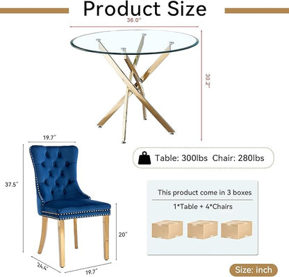 Goujxcy Small Round Dining Table Set for 4, Modern Glass Kitchen Table Chairs Set of 4, 5-Piece Dining Table Set w/36 Circle Gold Glass Dining Room Table and 4 Blue Upholstered Dining Chairs