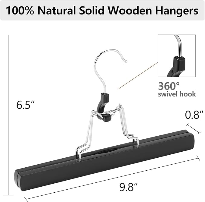 AMKUFO 12 Pack Black Wooden Pants Hangers with Clips Non Slip Skirt Hangers Trouser Clamp Hanger Solid Wood Hanger with 360° Swivel Hook