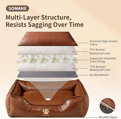 SOMAHE Waterproof Leather Dog Bed, Bolster Couch, 24x19x9 Brown | Wipe-Clean Waterproof Leather + Removable Cushion: raised bolsters create a cozy bed for small-medium dogs.