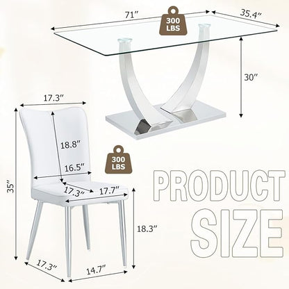 Glass Dining Room Table Set for 8,Kitchen Table Set with 8 PU Leather Chairs,71" Tempered Glass DiningTable Set with Silver U-Shaped Table Legs and Rectangular Base