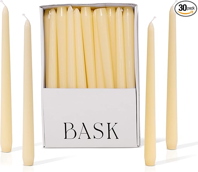 Bask 10-inch Taper Candles - Unscented and Dripless - Burns for 8 Hours - Home Decor for Dinner Table, Kitchen, and Bedroom - Perfect for a Romantic Date or Anniversary - 30-Pack - Ivory