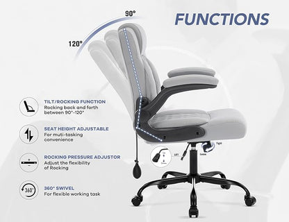 Office Chair with Adjustable Lumbar Support,Leather Ergonomic Computer Desk Chair with Flip-up Arms,Adjustable Tilt Lock,Swivel Rolling Executive PC Chair for Work, Study,Meeting,Small Space.Grey