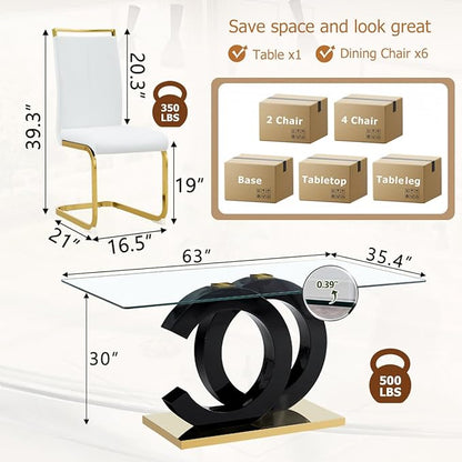 63'' Glass Dining Table Set for 6, Kitchen Table Chairs Set of 6, Clear Glass Dining Table with Black unique design Leg and Gold Metal Base, 6 PU Dining Chairs with Metal Legs, Living Room, Kitchen.