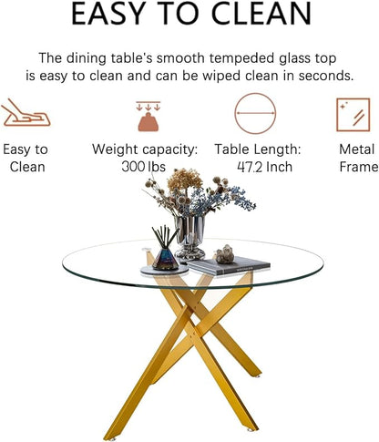 Goujxcy Round Dining Table Set for 4, Modern Glass Kitchen Table and Chairs Set of 4, 5 Piece Dining Room Table Set with 47" Circle Gold Metal Glass Dinner Tables and 4 Black Leather Dining Chairs
